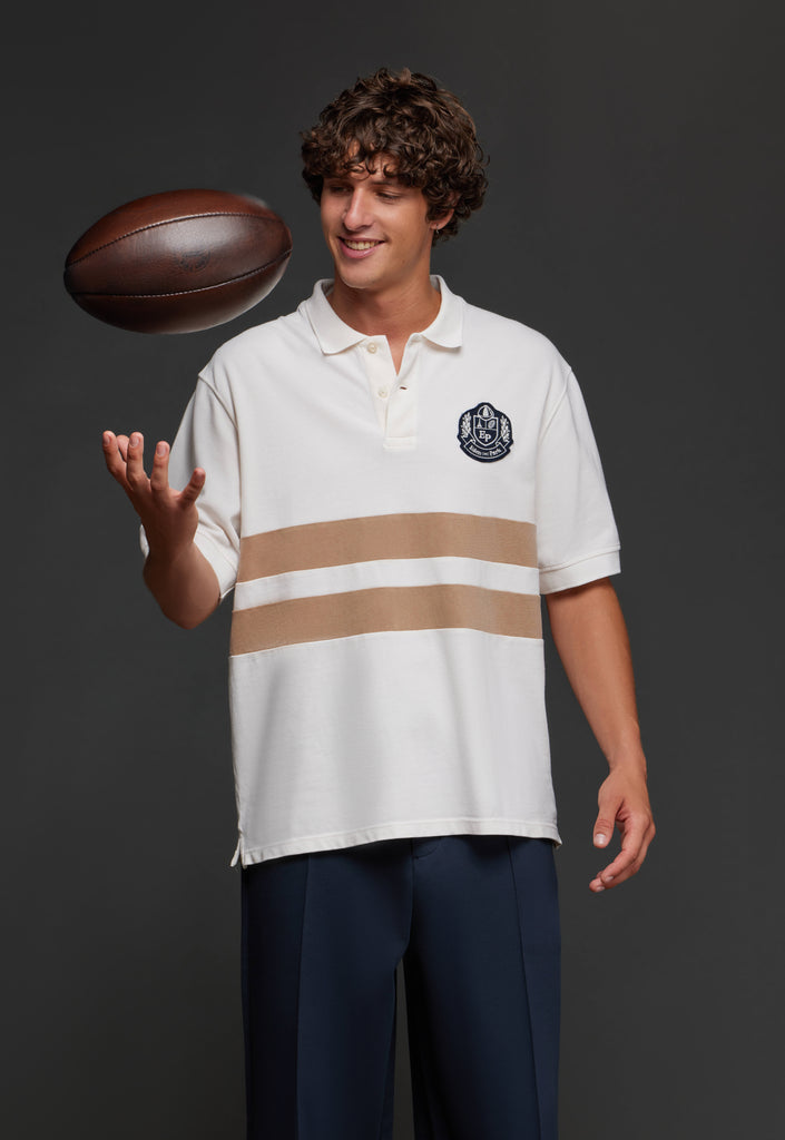 Ecru cotton polo shirt with camel stripes cut and sewn upcycled Pap'Atelier