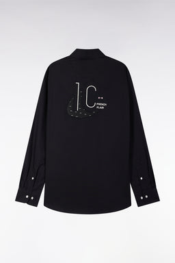 Black pinpoint cotton shirt with embroidered back, straight cut