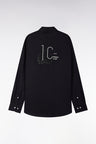Black pinpoint cotton shirt with embroidered back, straight cut
