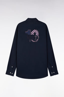 Navy pinpoint cotton shirt embroidery 10 back straight cut