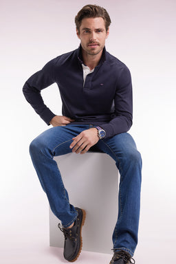 Long-sleeved navy jersey jersey with striped under collar - Image 3
