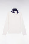 Long-sleeved white jersey jersey with striped under collar