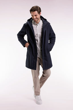 Long navy nylon parka with integrated hood