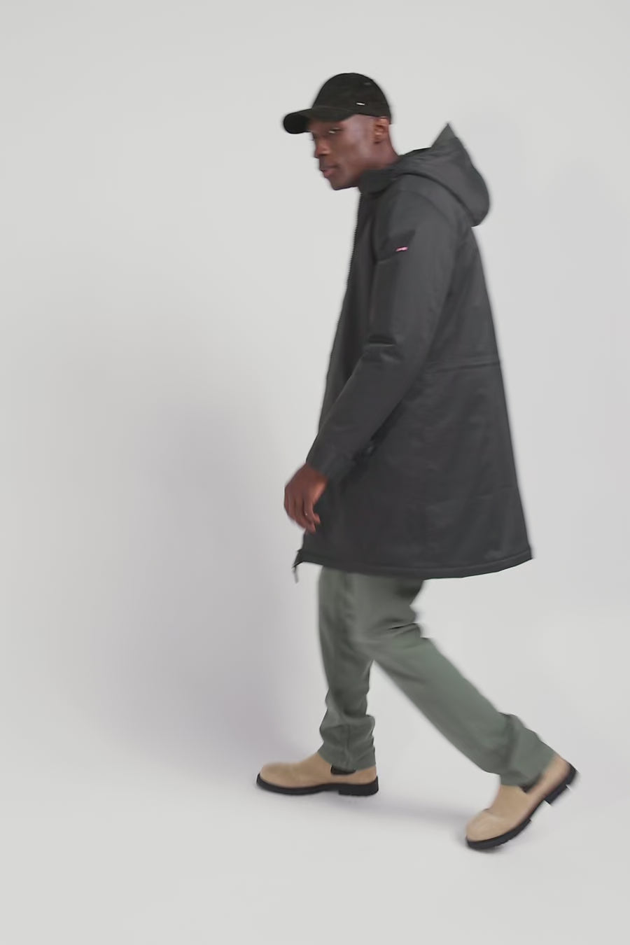 Khaki long hooded nylon parka