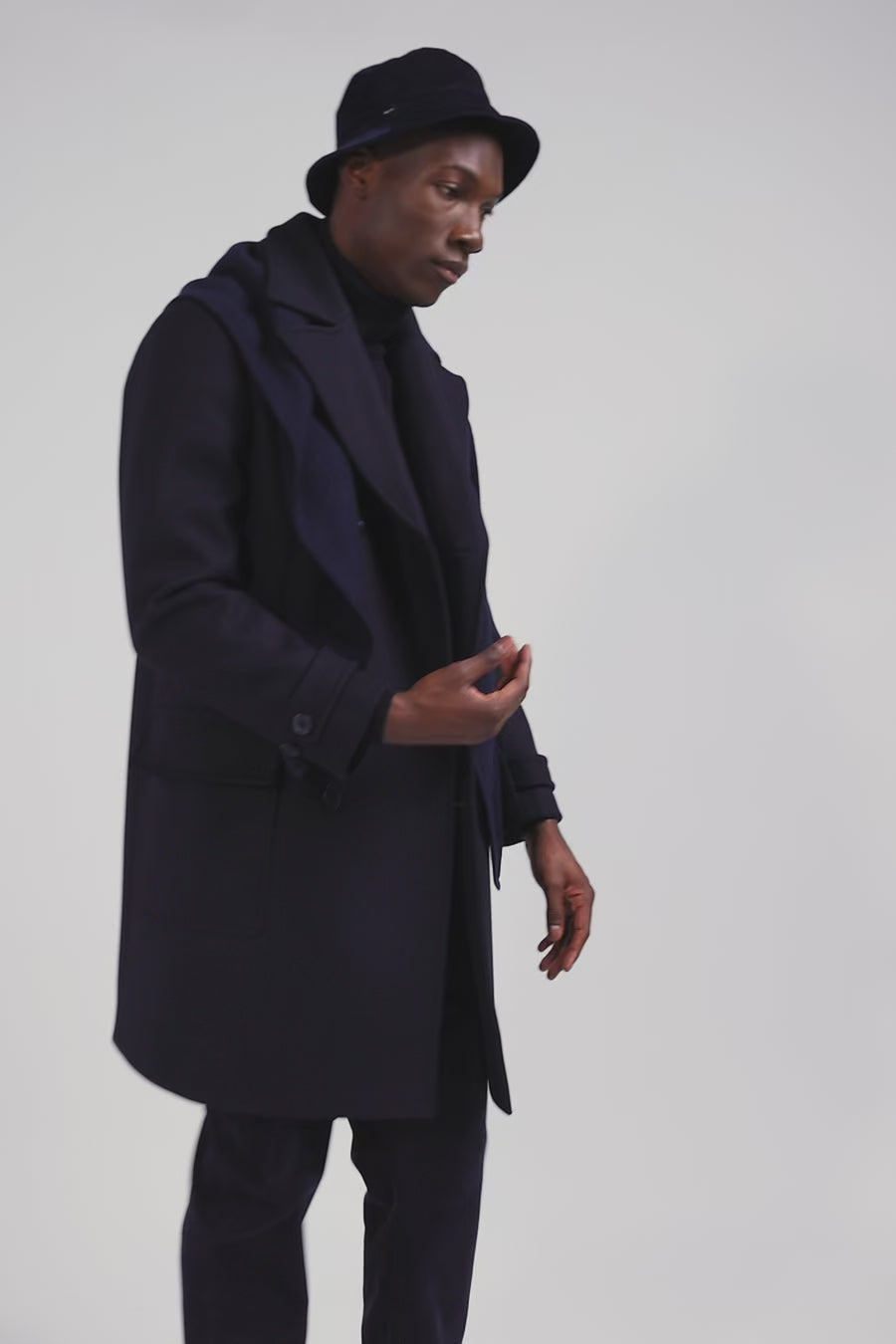 Navy blue double-breasted wool blend coat