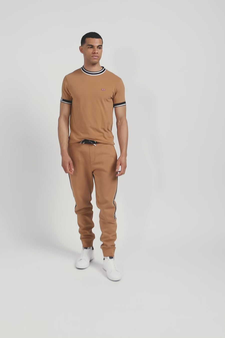 Slim camel short-sleeved cotton T-shirt with Eden Park ribs