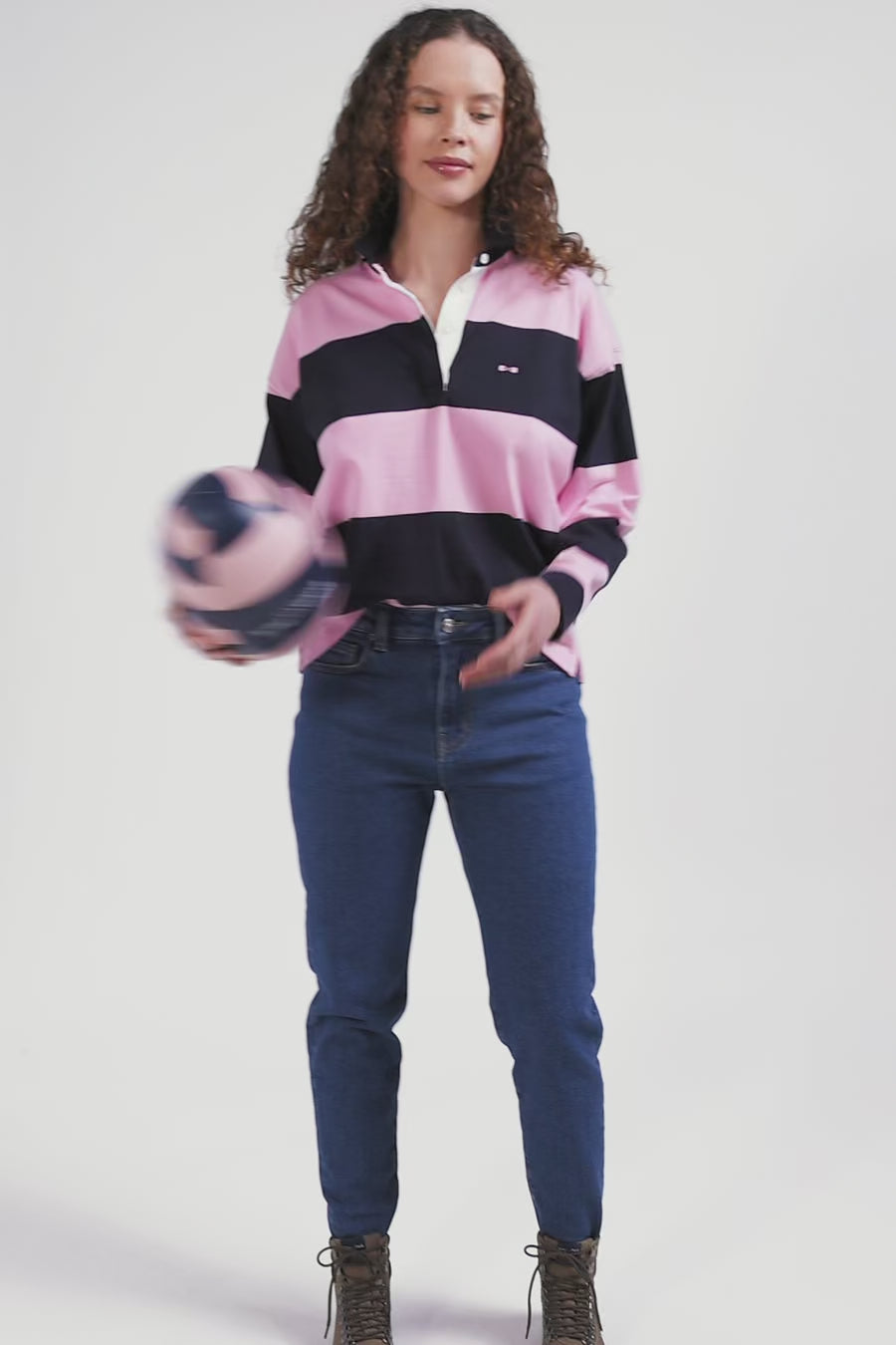 Relaxed navy and pink striped long-sleeved cotton rugby shirt