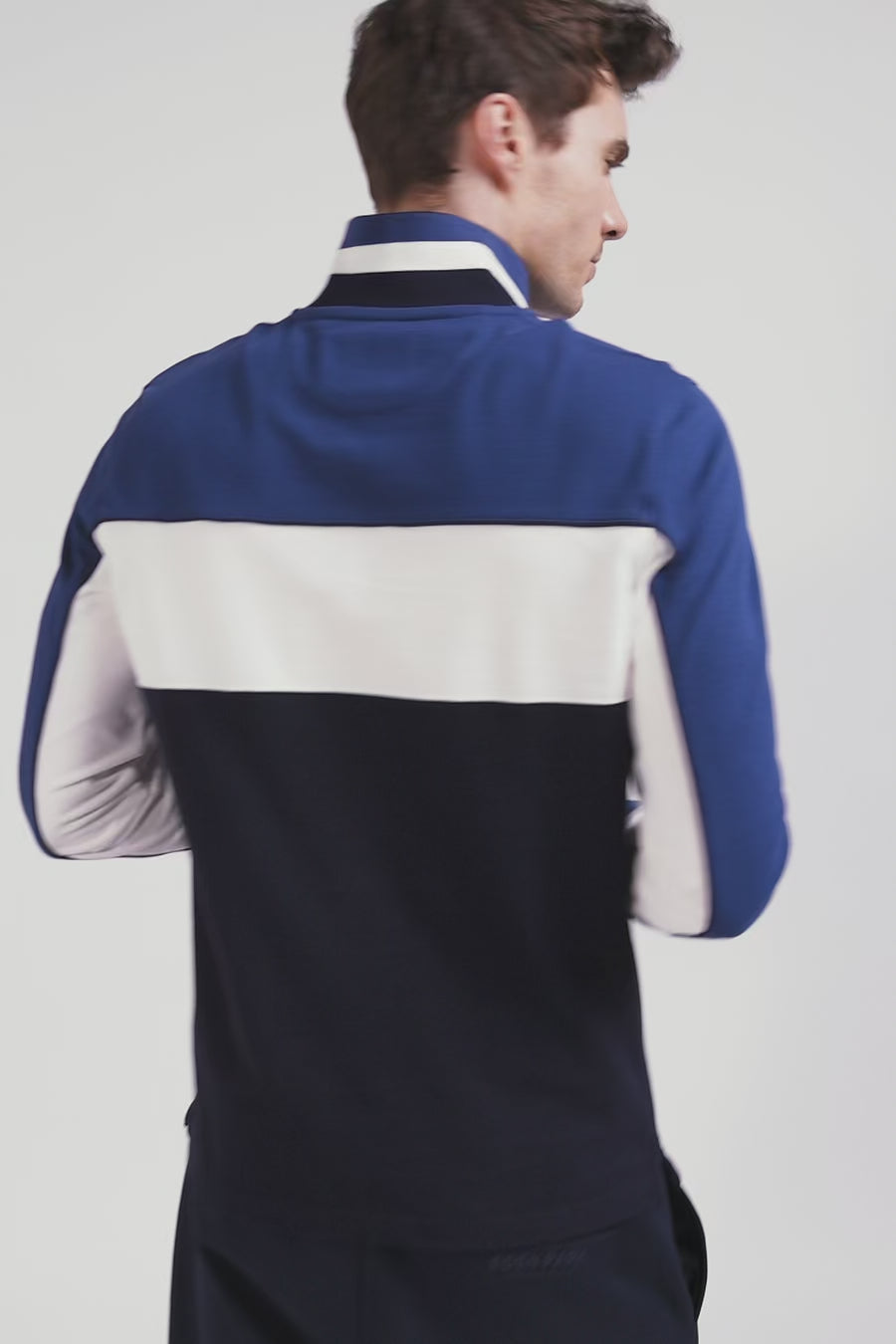 Regular blue tricolor long-sleeved cotton piqué polo shirt