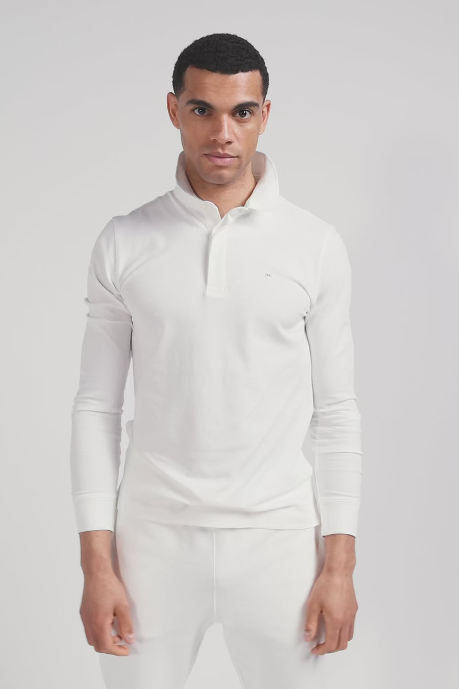 Slim ecru long-sleeved cotton piqué polo shirt