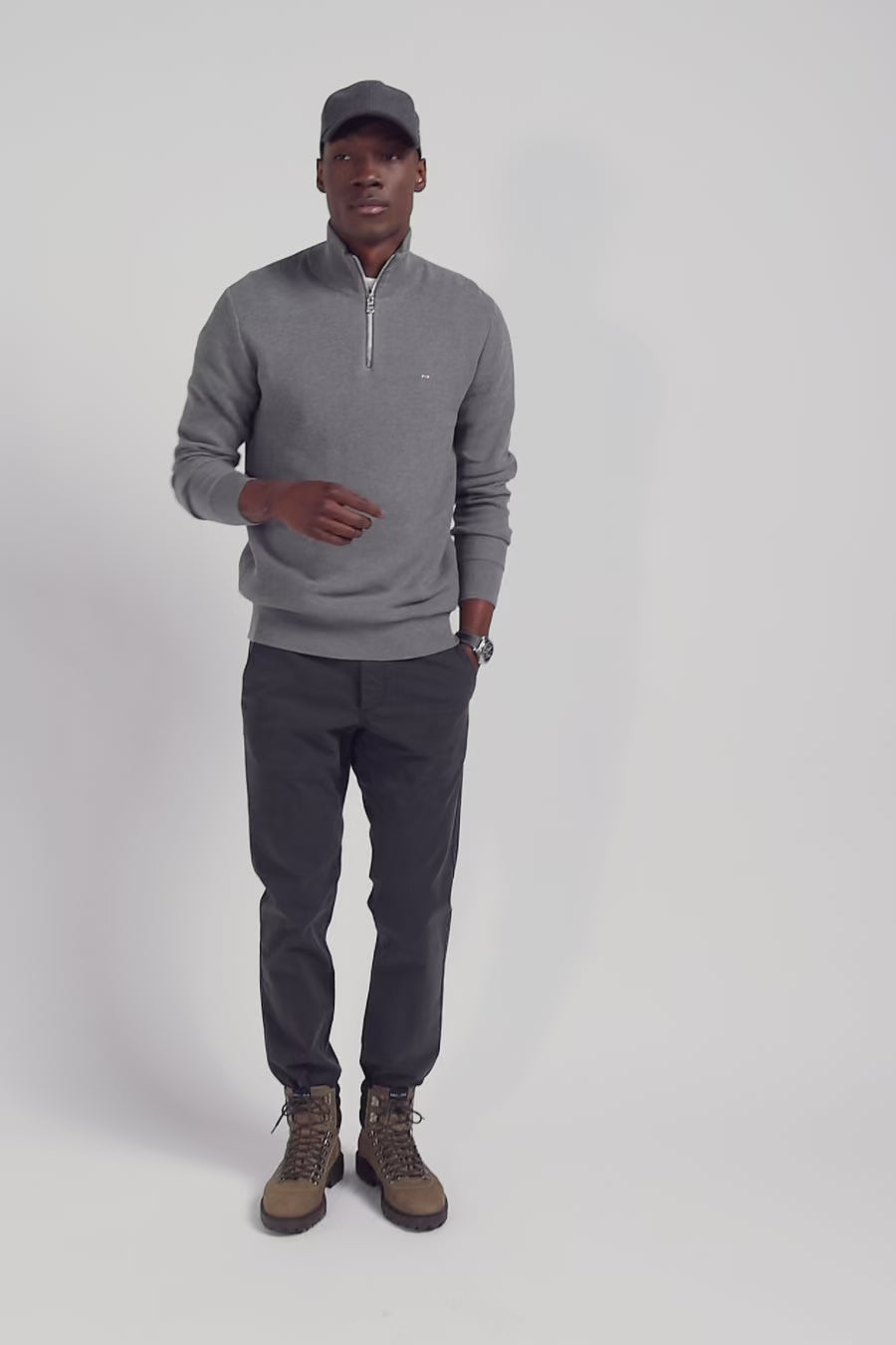 Regular grey cotton semi-zipped jumper