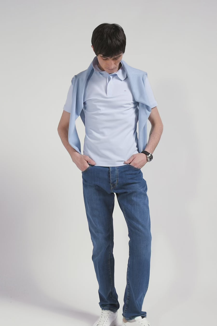 Slim sky blue short-sleeved stretch cotton polo shirt