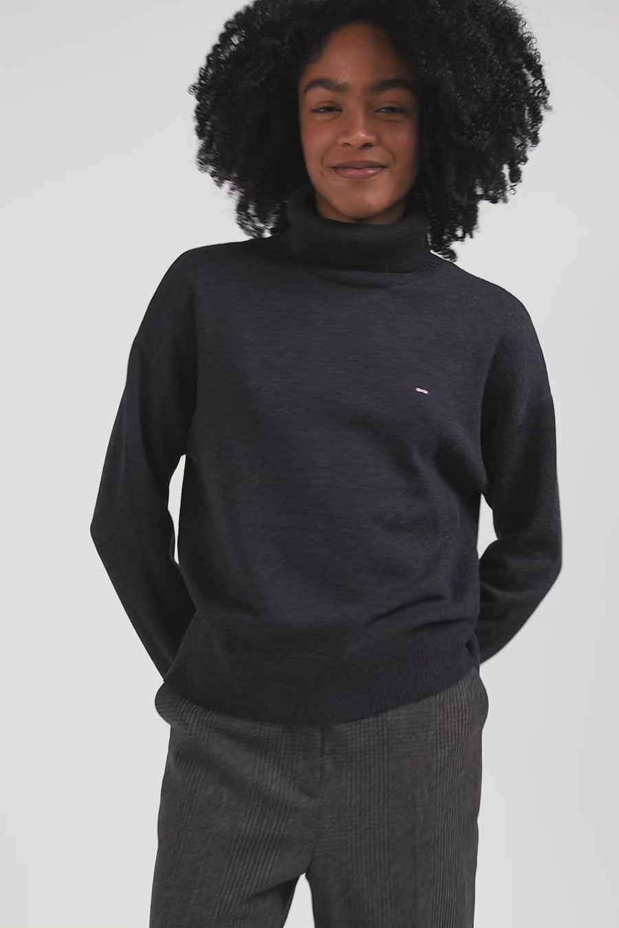 Pull col roulé en laine et coton gris anthracite coupe Relaxed