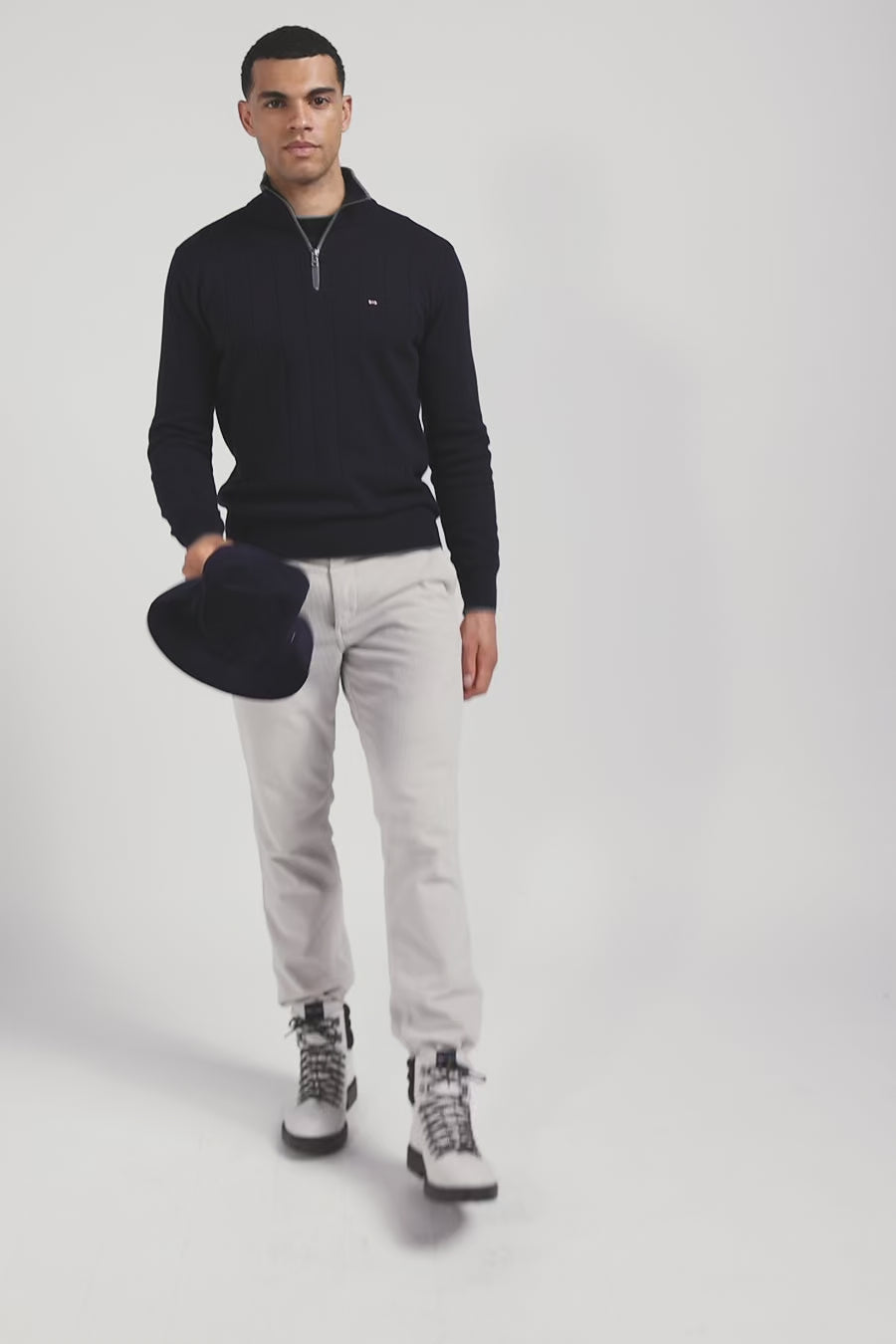 Regular navy blue semi-zipped cotton and cashmere jumper