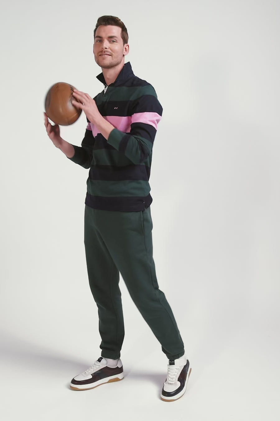 Regular green long-sleeved striped cotton rugby shirt