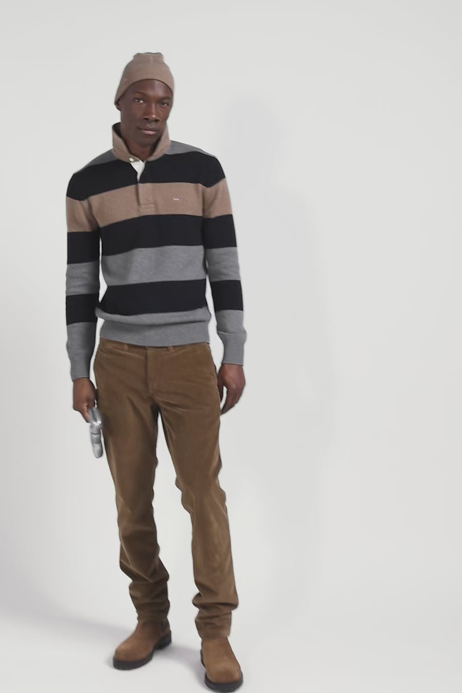 Regular grey striped wool and cotton jumper with rugby shirt collar