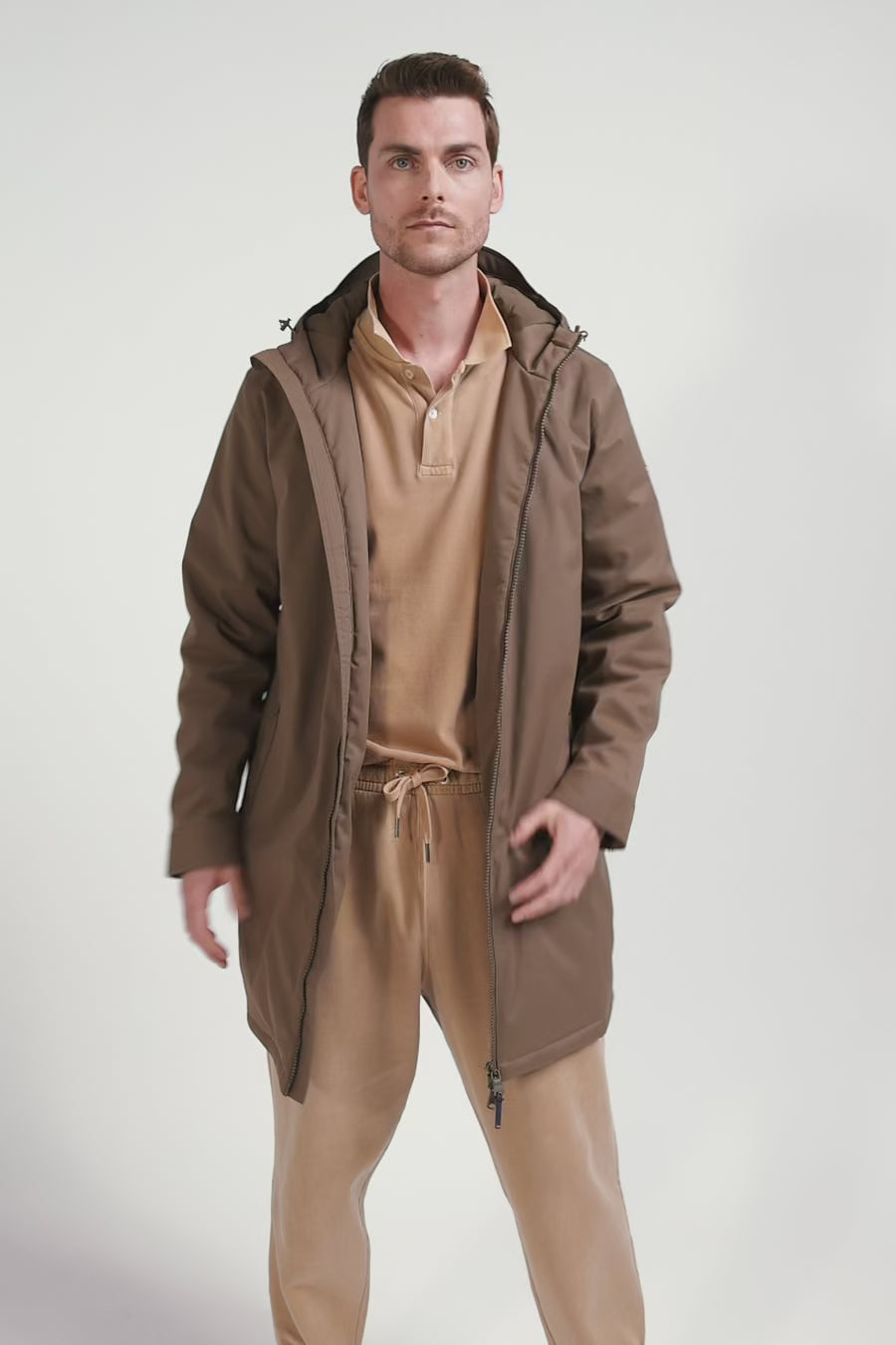 Brown long hooded nylon parka