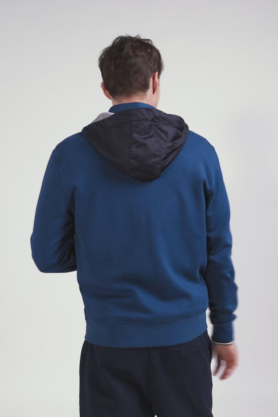 Regular dark blue cotton blend hoodie with padded front