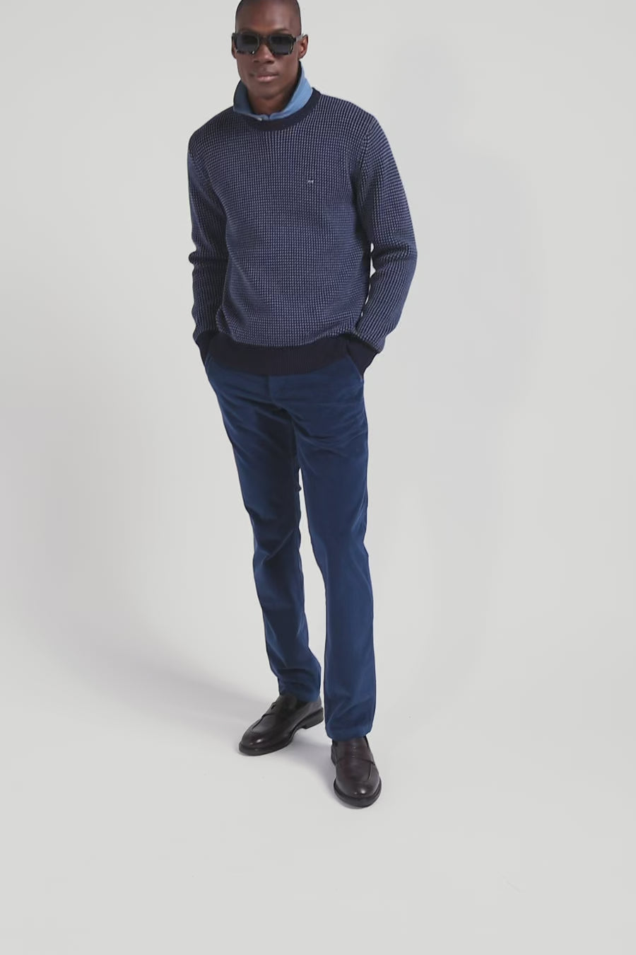 Regular navy wool and cotton crew neck jumper