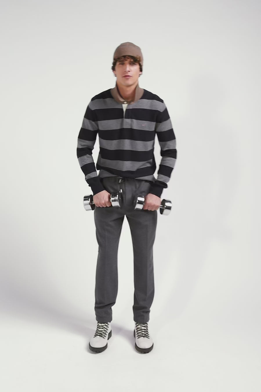 Regular navy blue striped cotton and cashmere jumper with rugby shirt collar