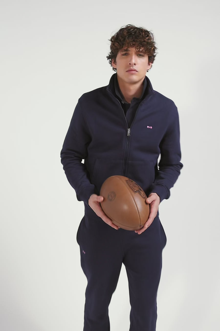 Regular navy zipped brushed cotton fleece with high top collar