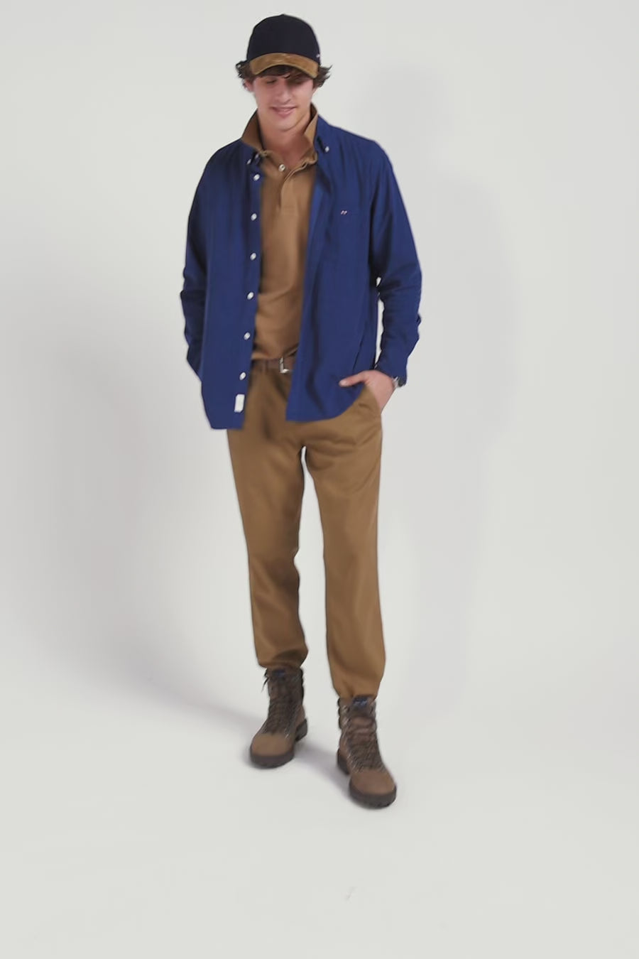 Regular plain indigo blue cotton shirt with button-down collar and chest pocket