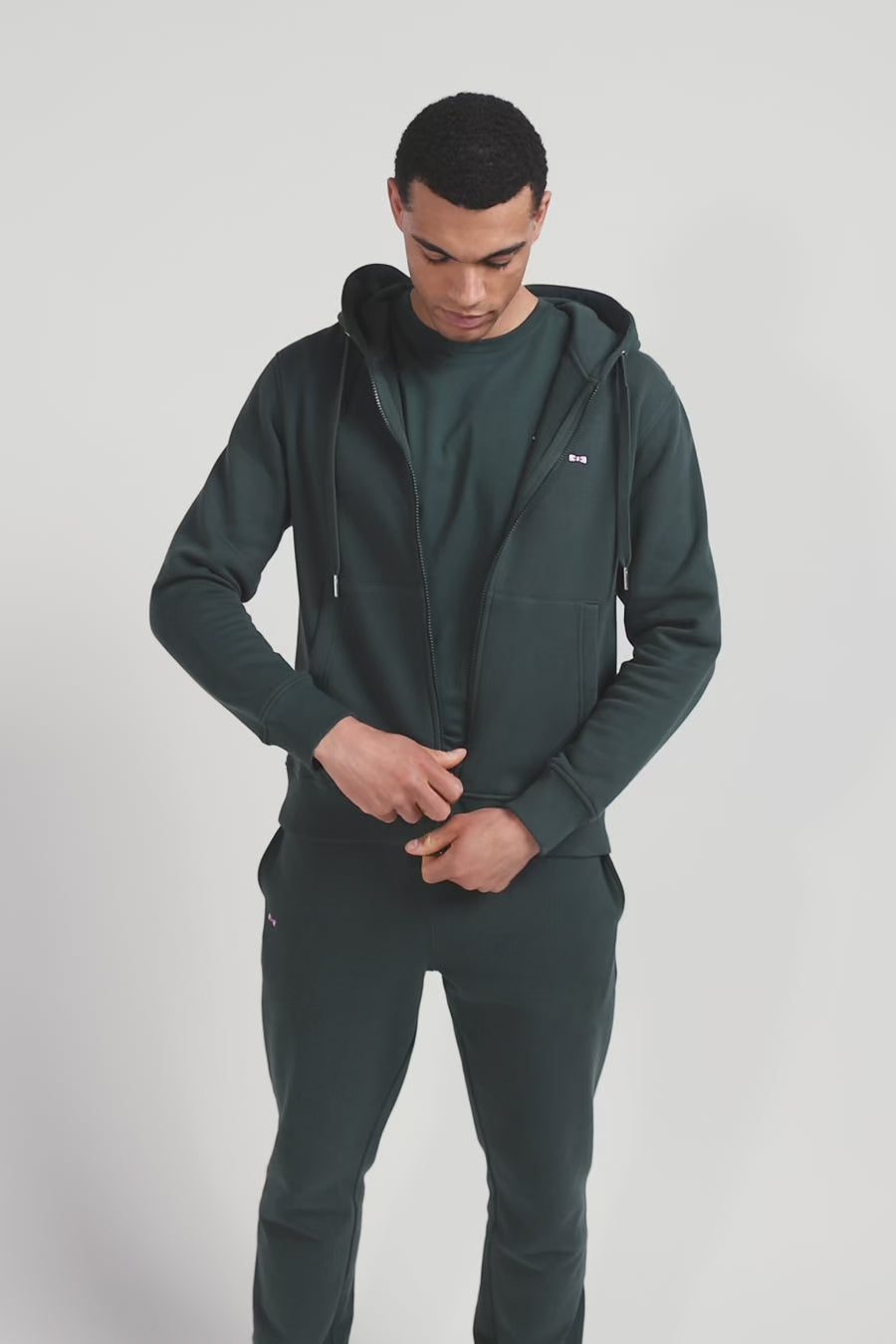 Regular green zipped brushed cotton fleece hoodie