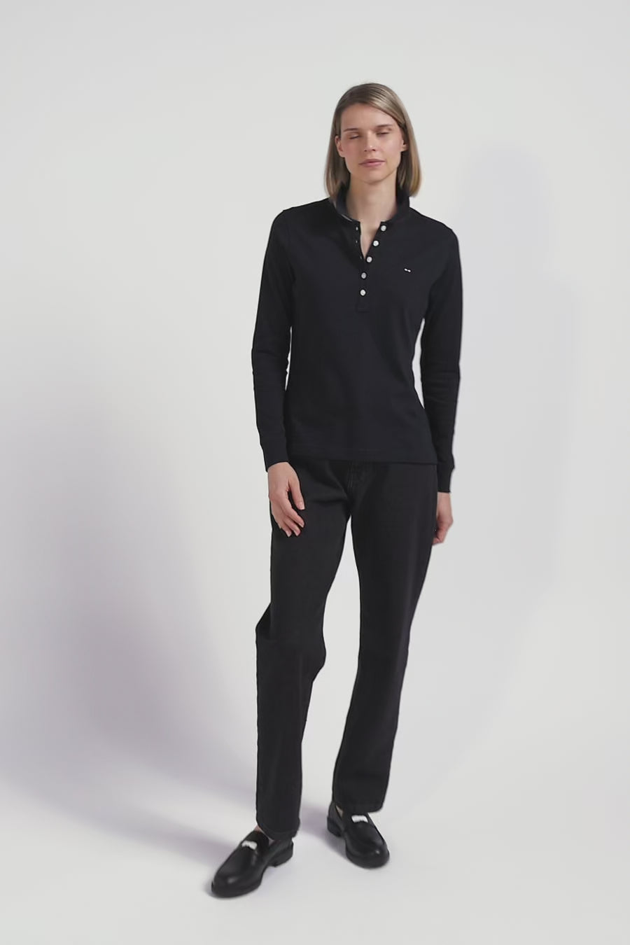 Polo manches longues en coton stretch col cerclé noir coupe Slim