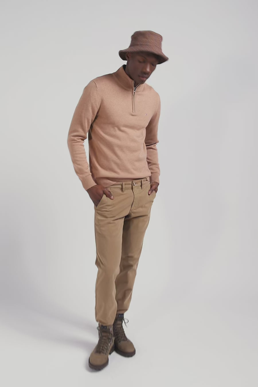 Regular camel semi-zipped wool and cotton jumper