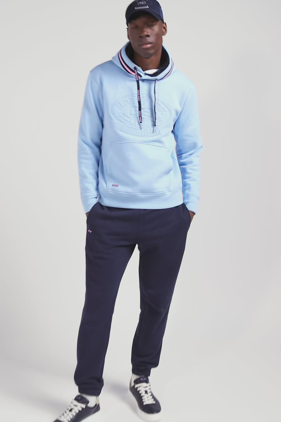 Relaxed sky blue cotton blend hoodie with padded embroidery