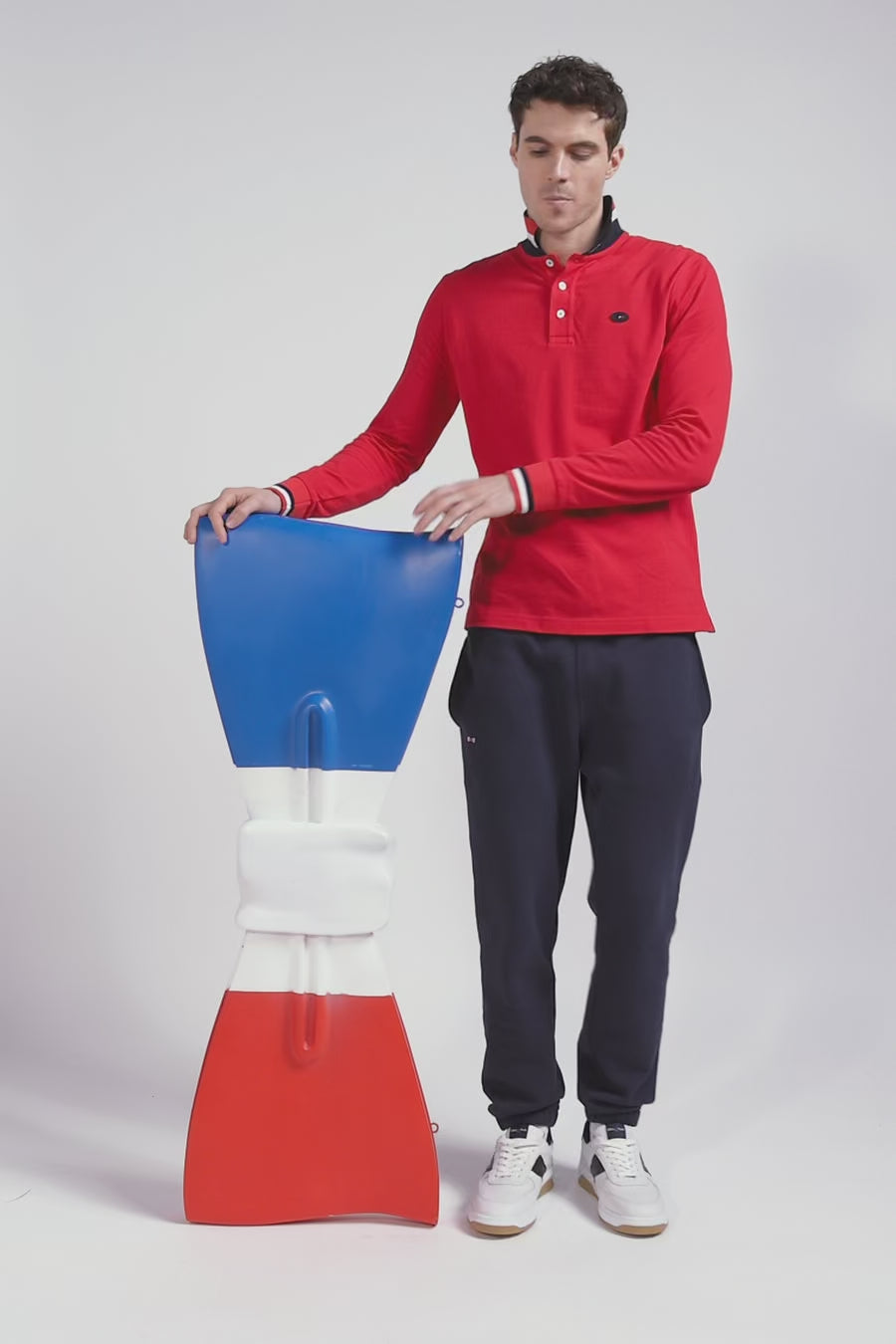 Regular red long-sleeved cotton piqué polo shirt with XV de France embroidery