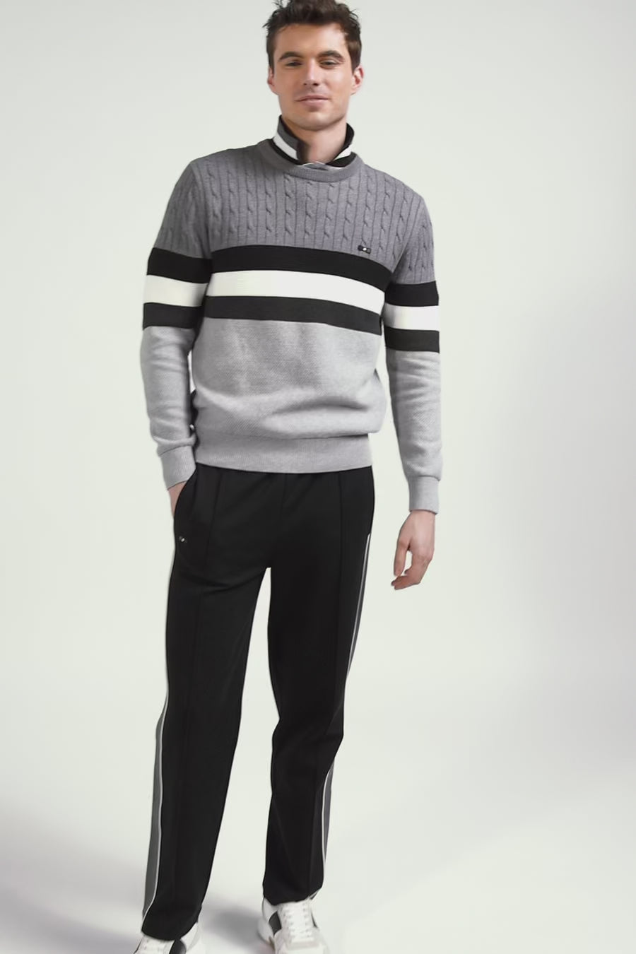 Regular grey fancy knit cotton crew neck jumper