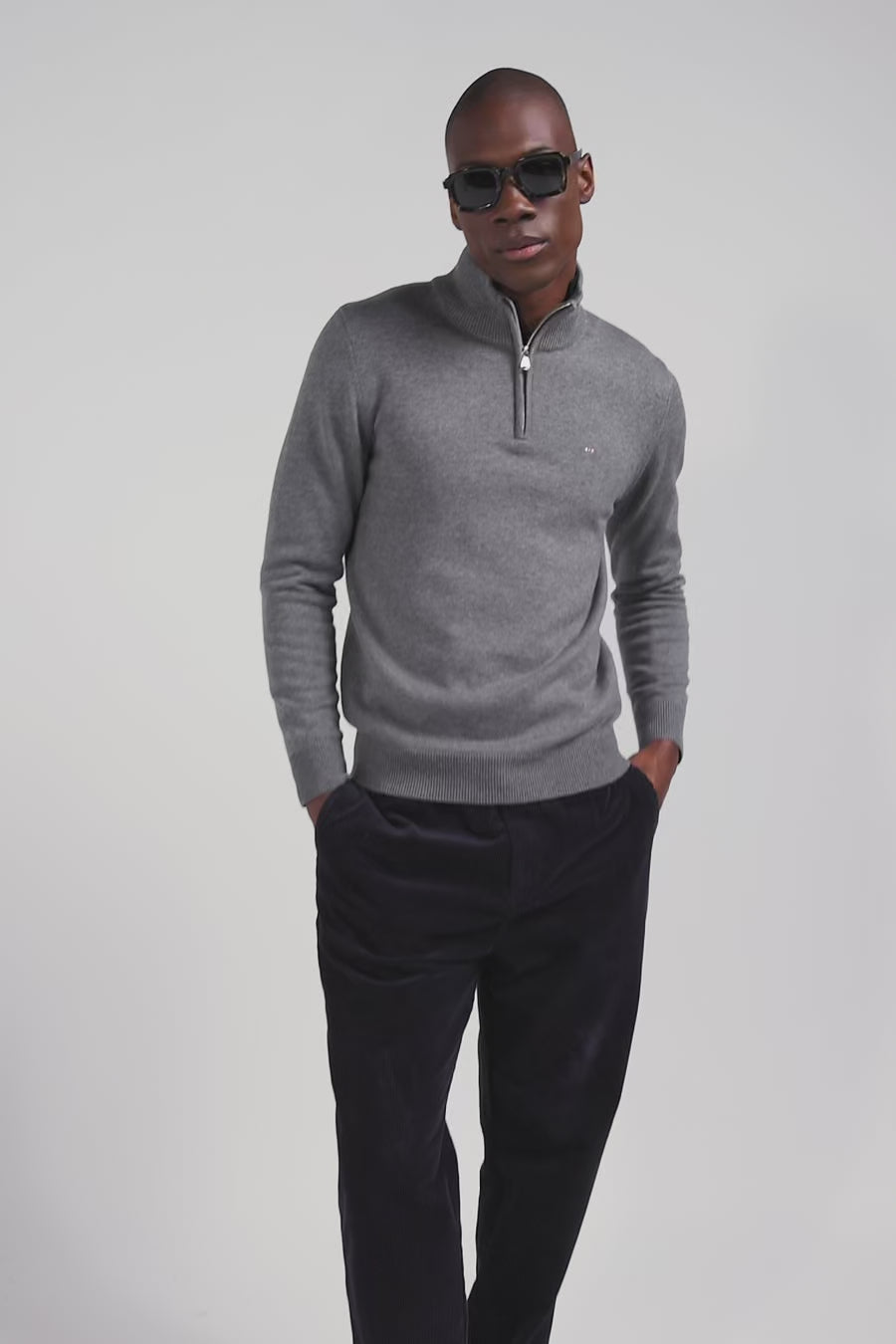 Regular light grey semi-zipped wool and cotton jumper