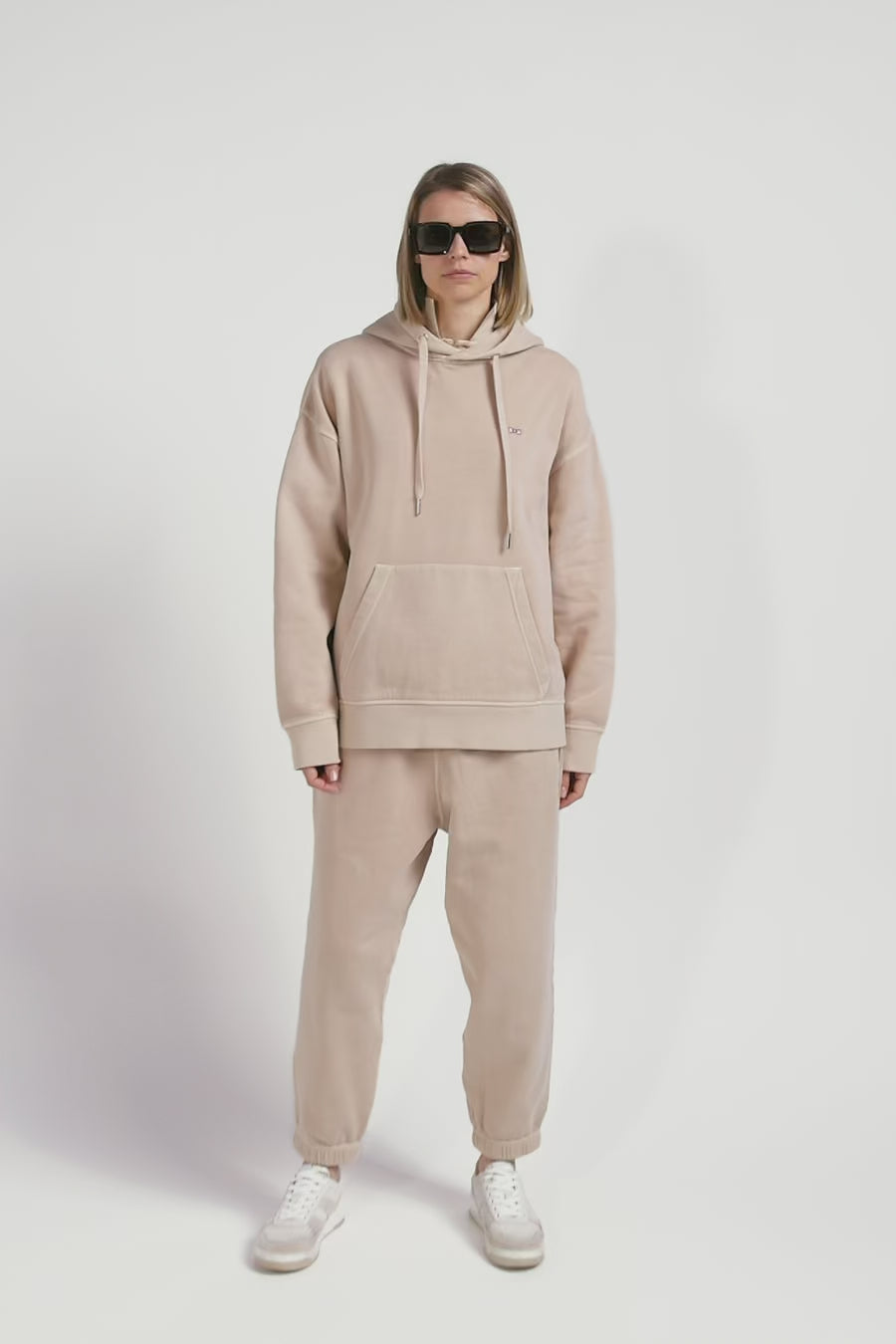 Oversize beige unisex dyed cotton fleece hoodie