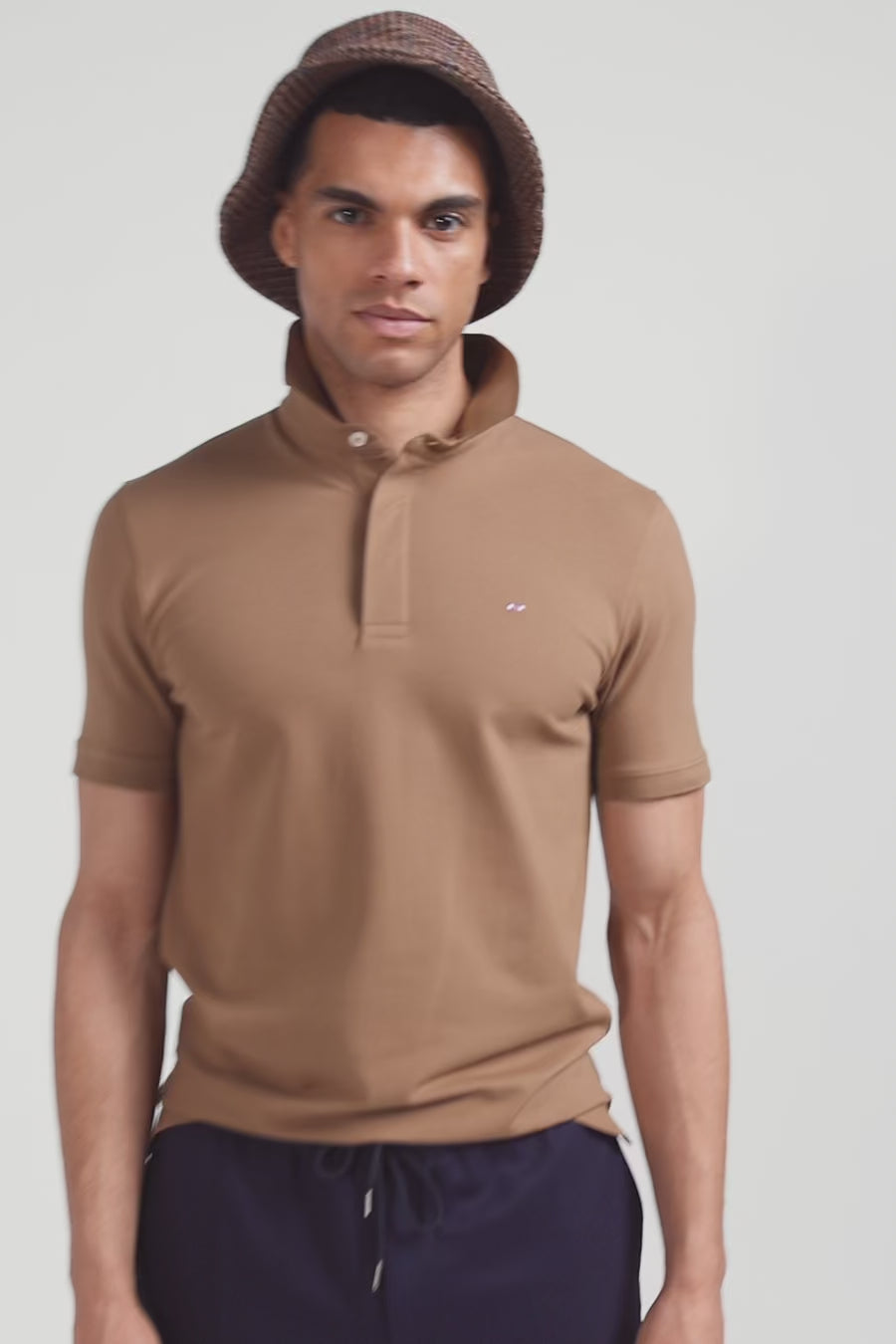 Slim camel short-sleeved stretch cotton polo shirt