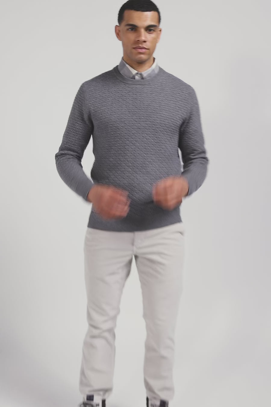 Regular grey wool and cotton crew neck jumper with micro bow tie effect