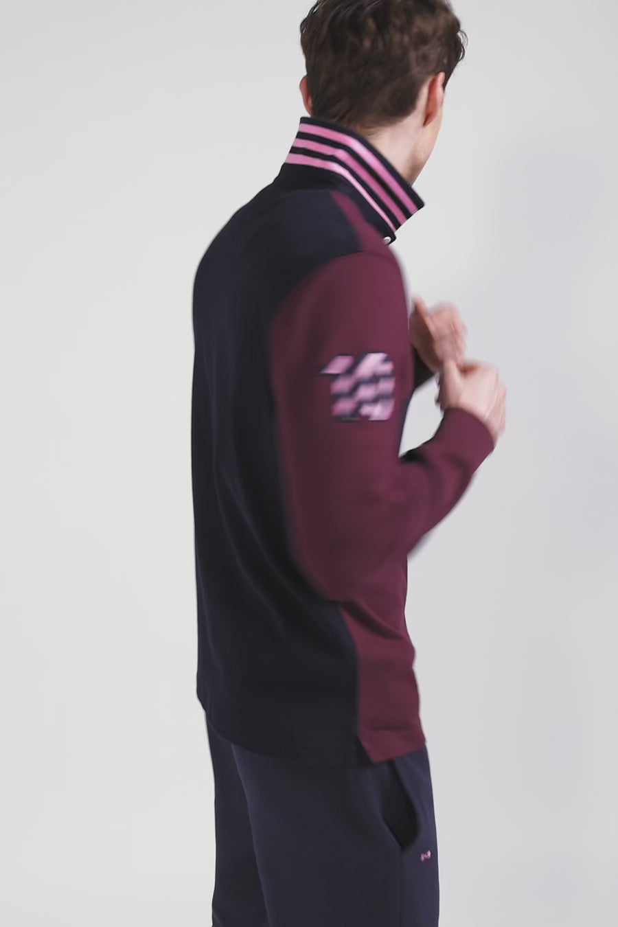 Regular burgundy long-sleeved cotton rugby shirt with sleeve N°10 embroidery