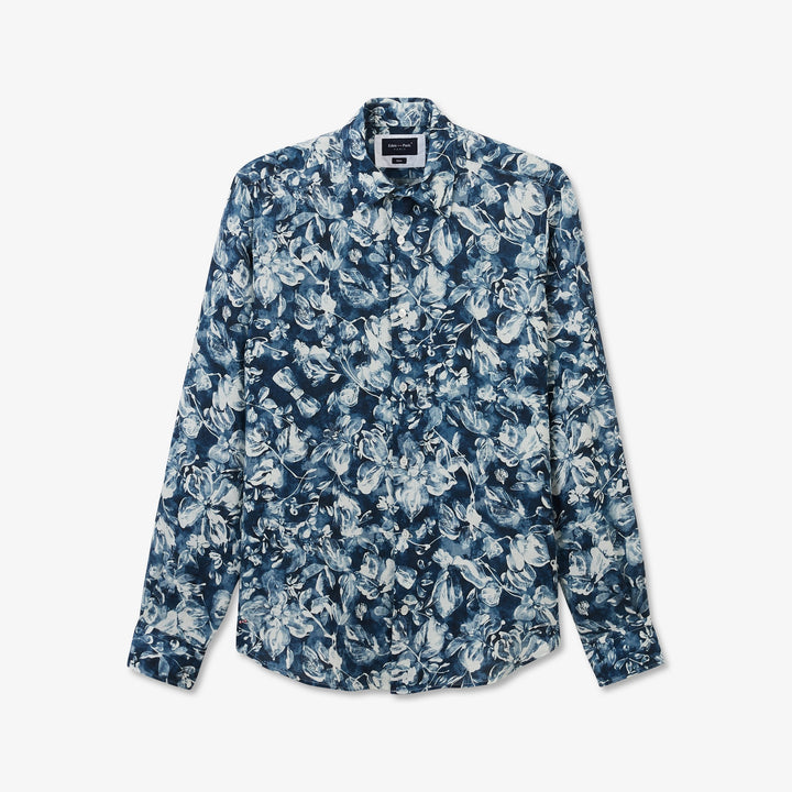 Dark blue linen shirt with a floral print