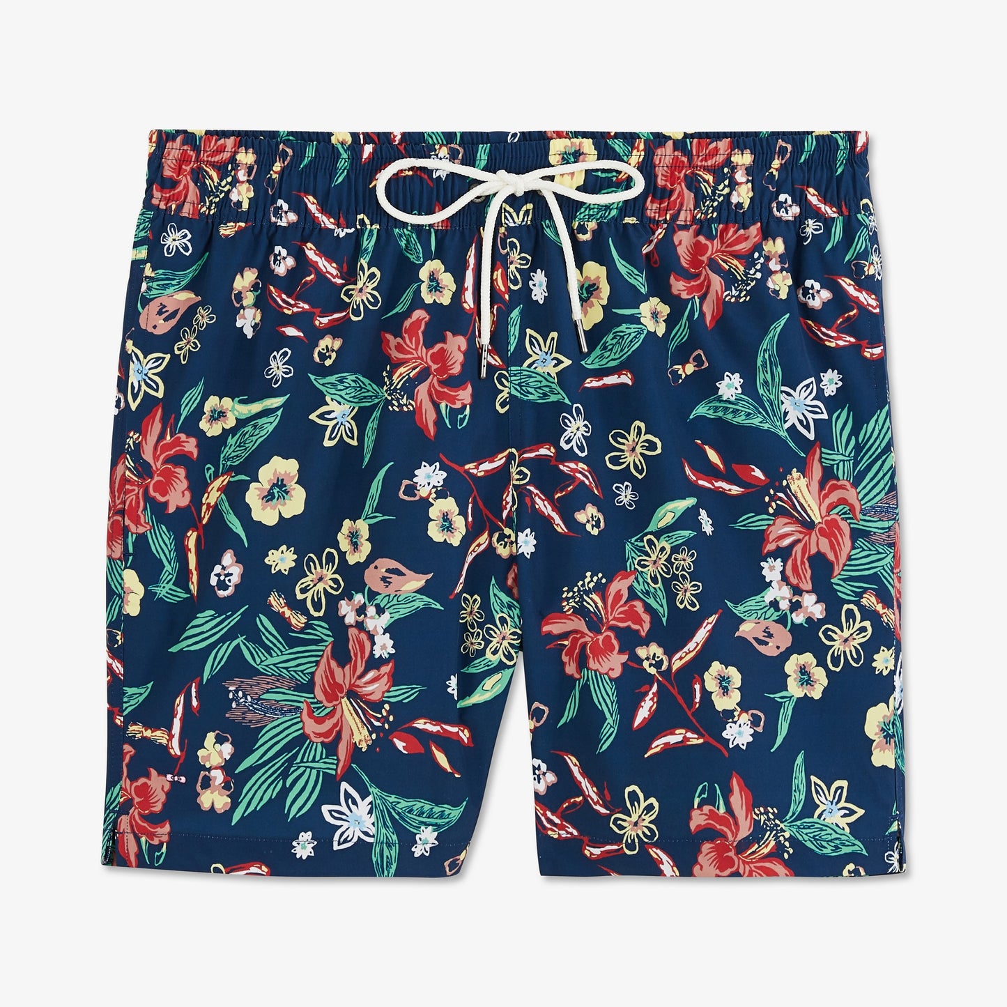 Navy blue swim shorts with floral pattern