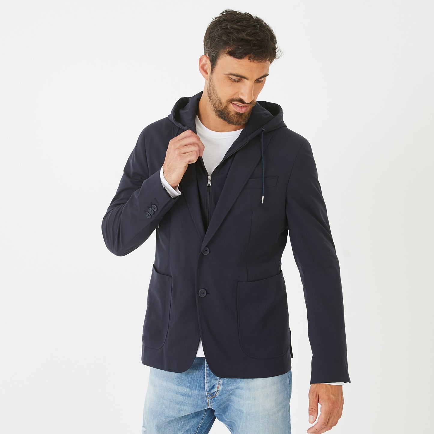 Dark blue blazer with removeable sweatshirt layer.