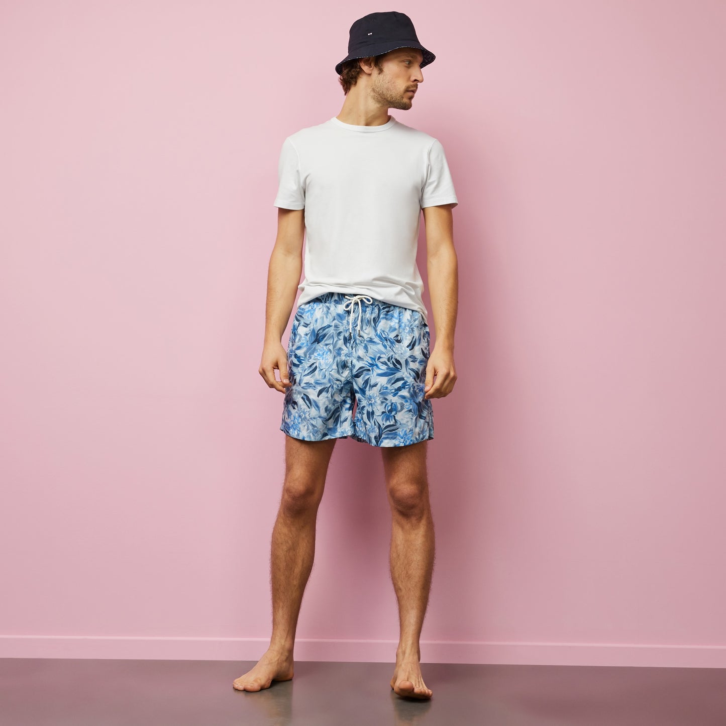 Blue swim shorts with exclusive floral print
