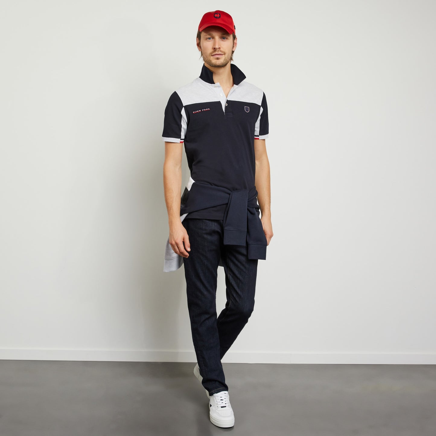 Grey colour-block polo in cotton pique