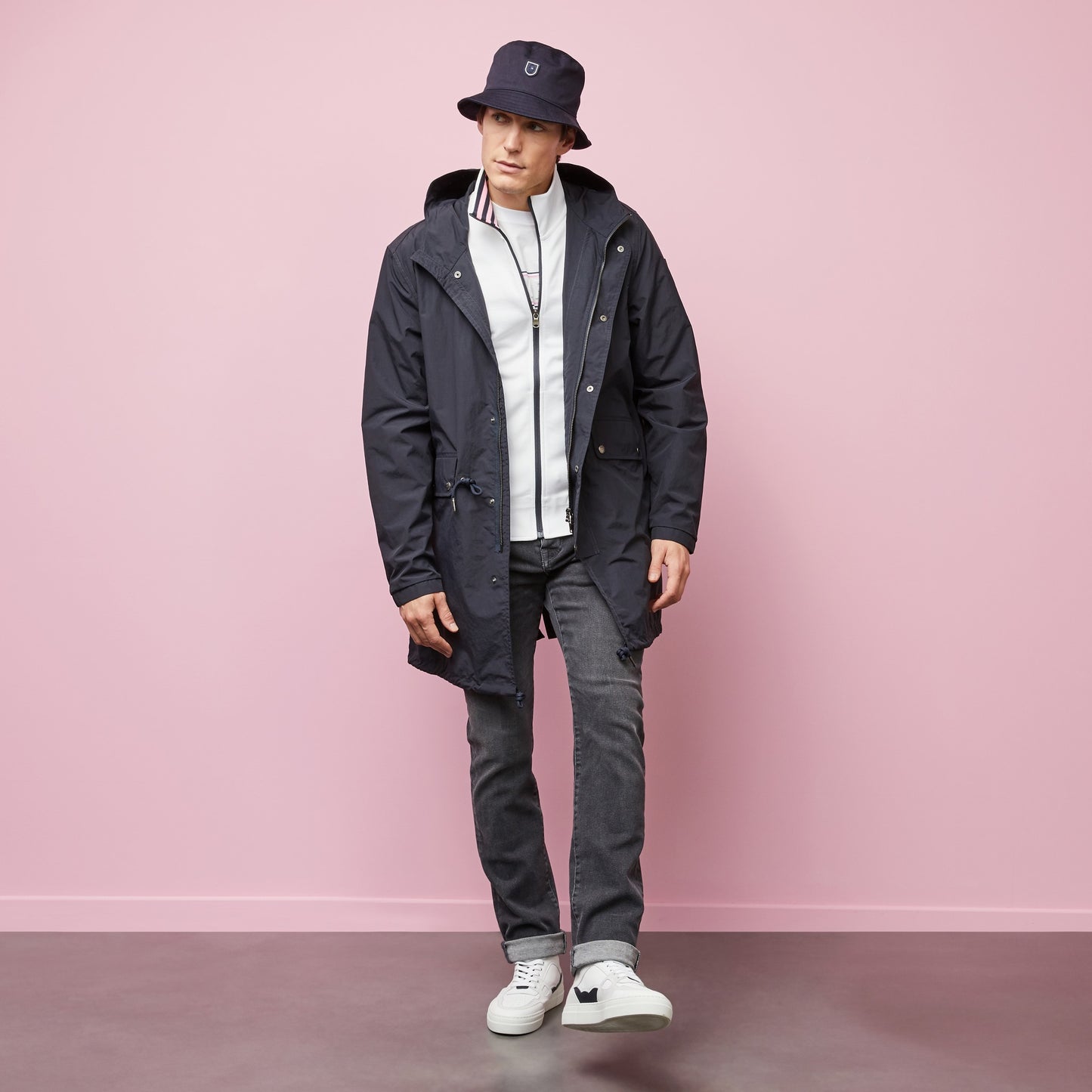 Mid-length dark blue parka