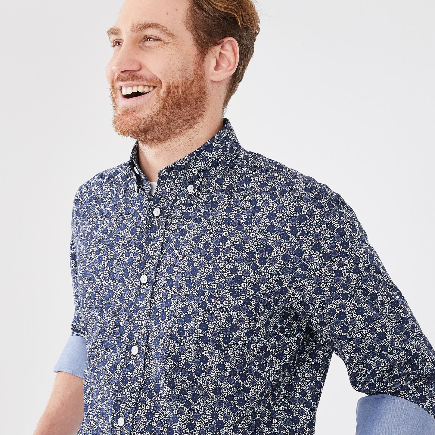 Navy blue shirt in floral cotton poplin