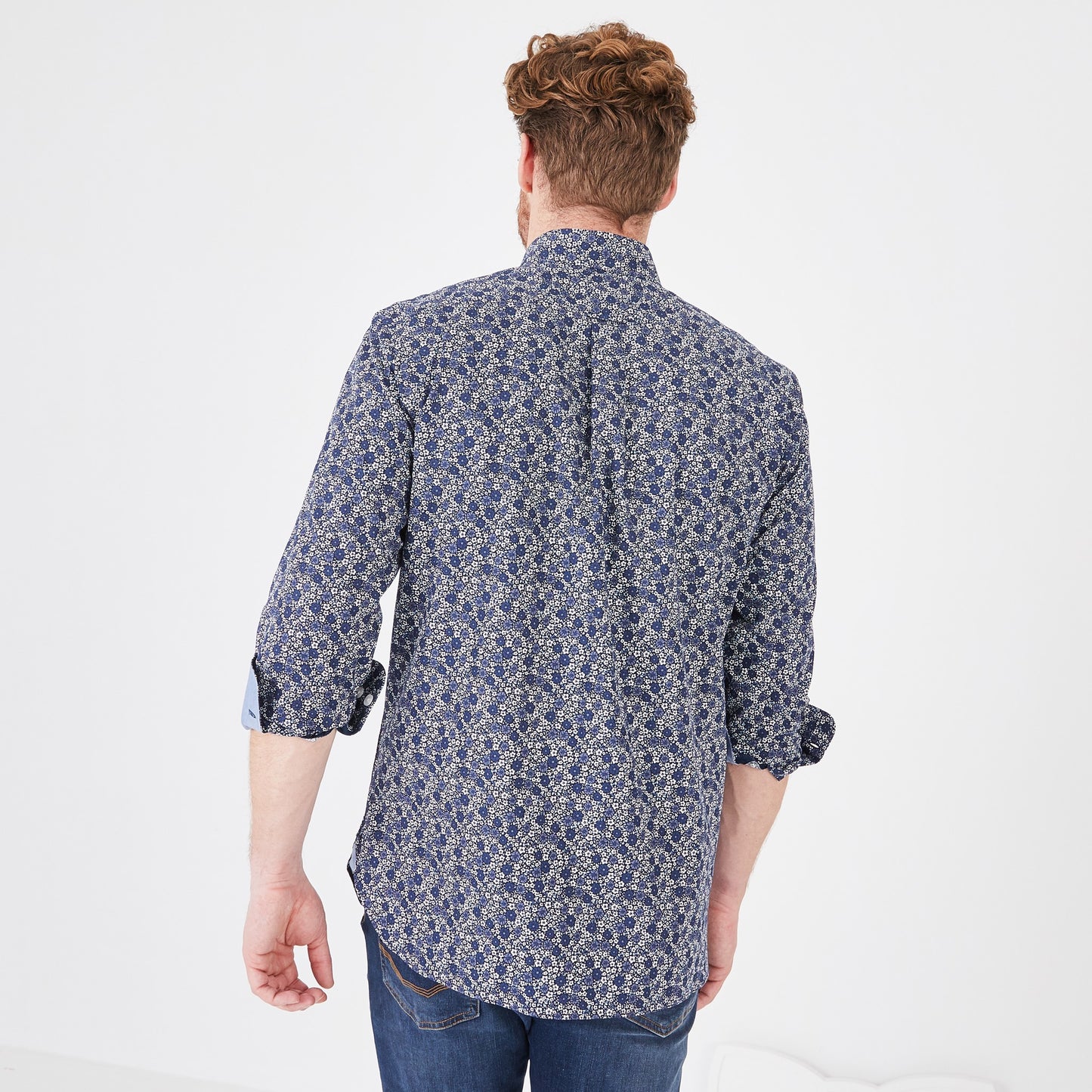 Navy blue shirt in floral cotton poplin